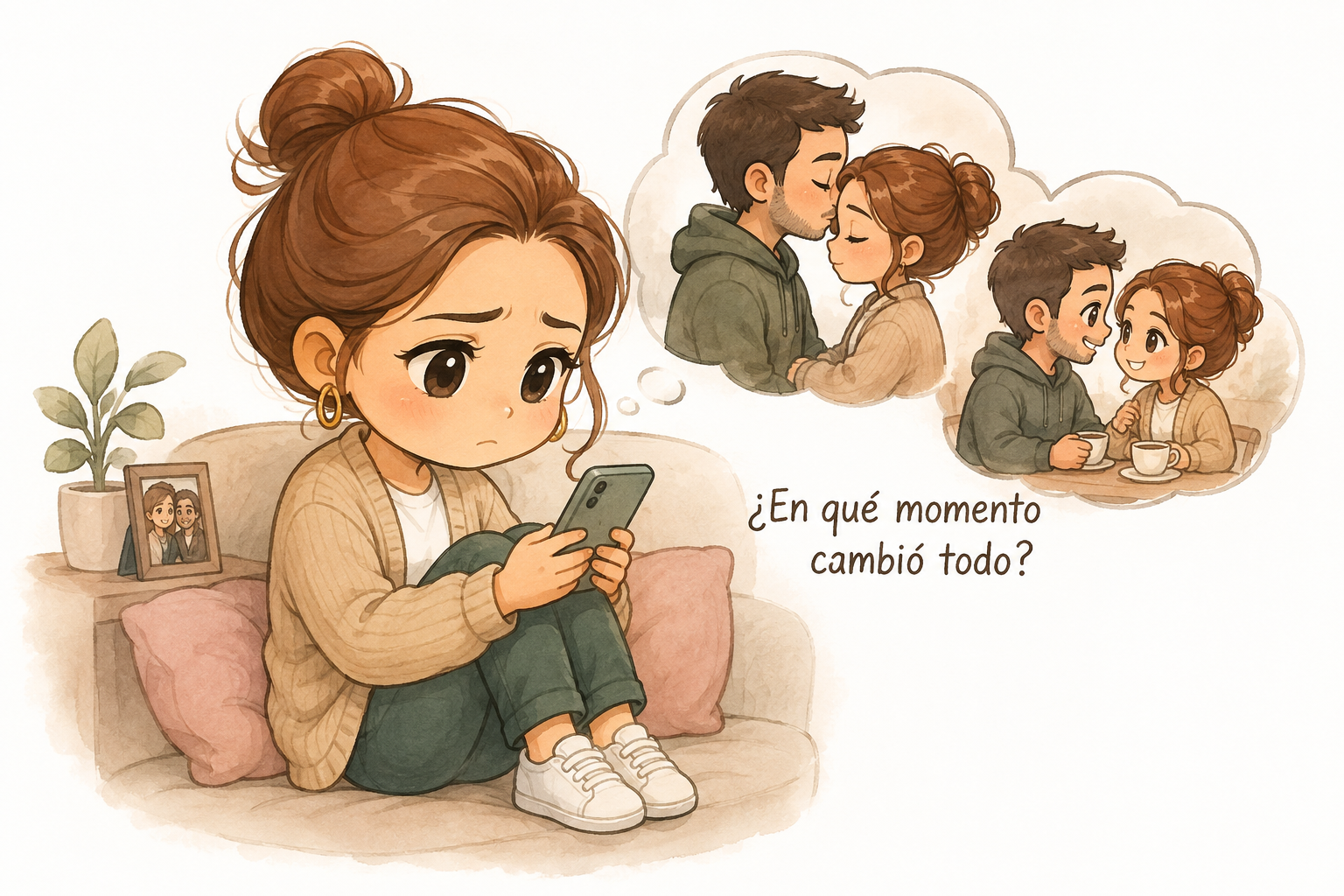 Sandra mira el móvil mientras da vueltas a los recuerdos de su relación e intenta entender qué cambió.