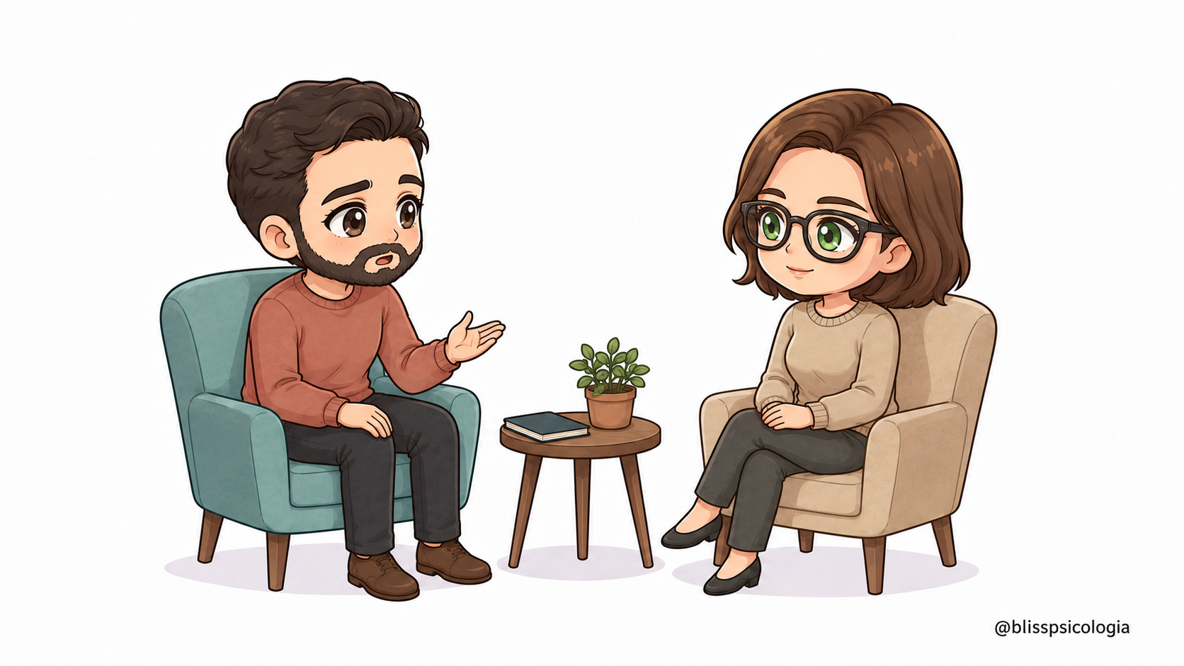 Ilustración chibi-kawaii de un hombre hablando con la psicóloga Ana Saro para pedir ayuda por el llanto.