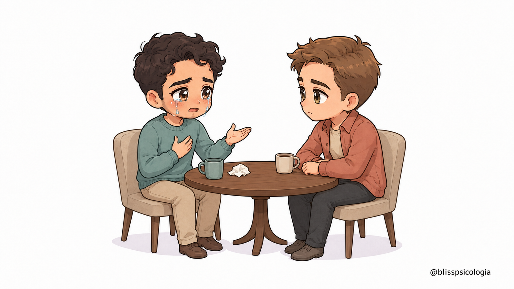Ilustración chibi-kawaii de un hombre que llora mientras consigue hablar con un amigo que lo escucha. 