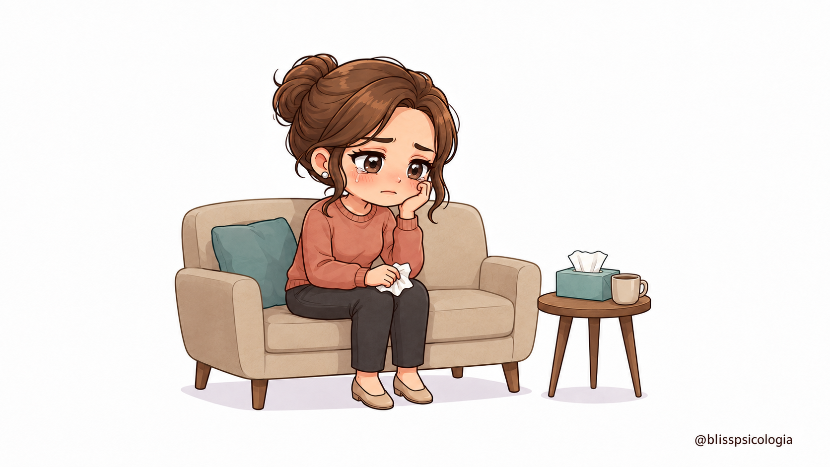 Ilustración chibi de una mujer sentada en el sofá que sigue triste y cansada después de llorar.