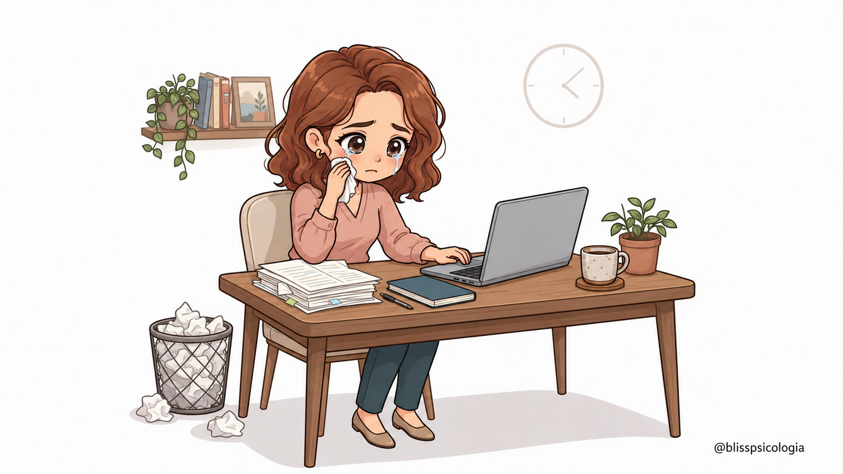 Ilustración chibi-kawaii de una mujer que no puede dejar de llorar mientras intenta continuar trabajando ante el ordenador.