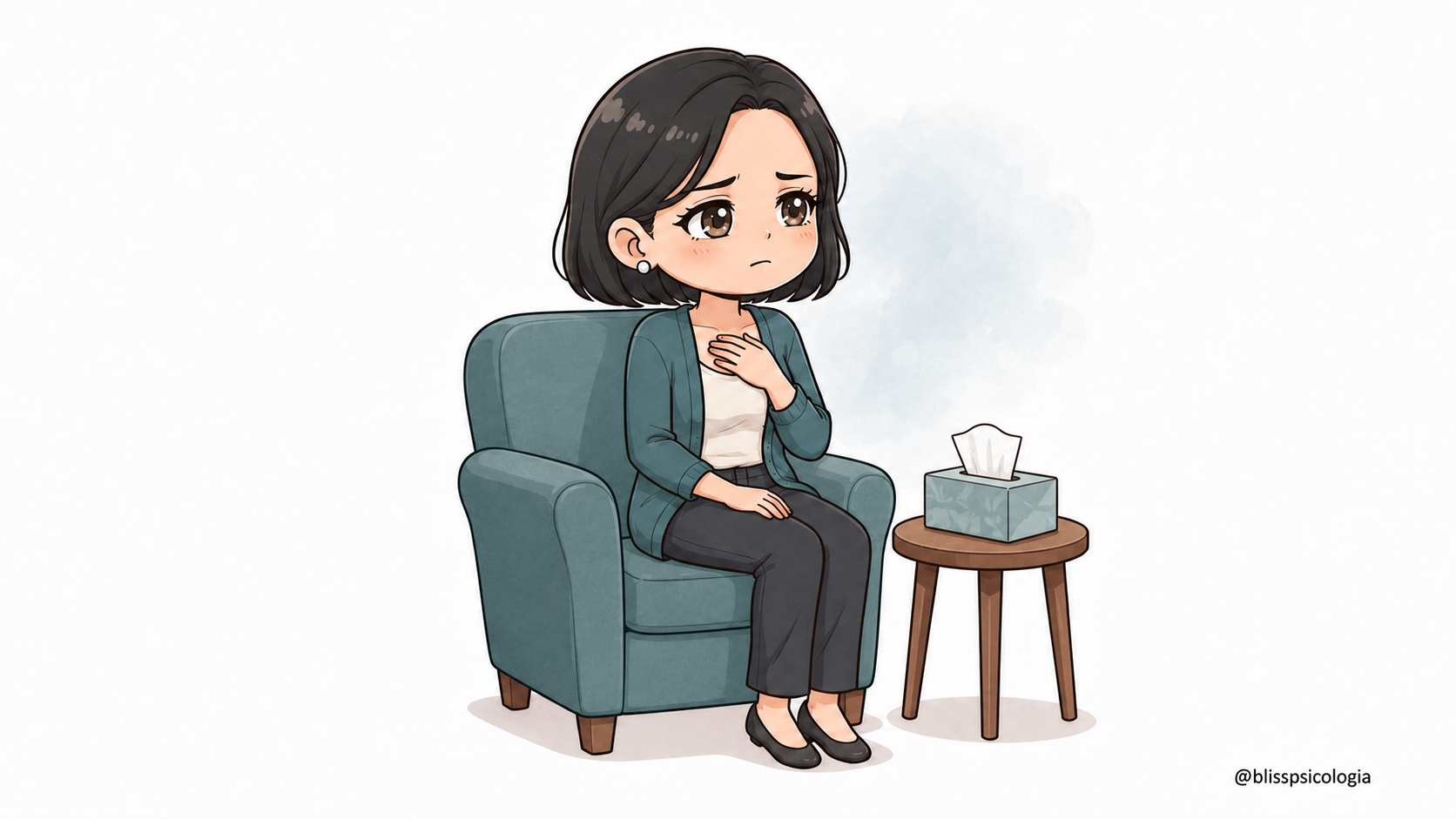 Ilustración chibi-kawaii de una mujer con tensión en el pecho, sin lágrimas y rodeada por una niebla tenue que representa desconexión emocional. 
