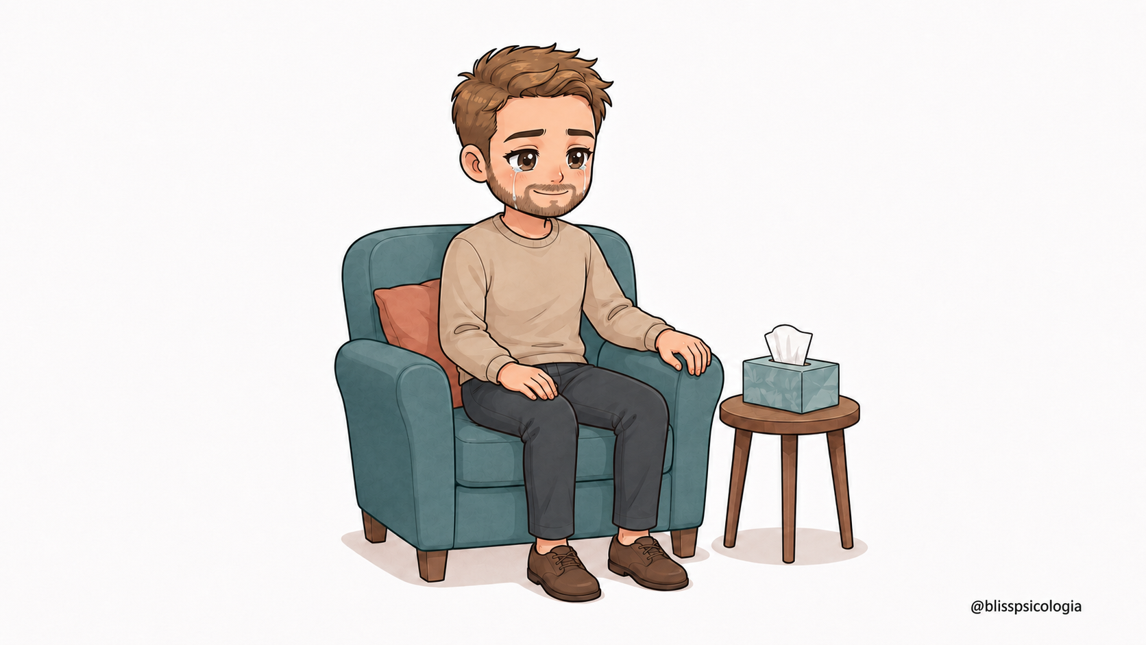Ilustración chibi-kawaii de un hombre que llora con una sonrisa tranquila al darse permiso para expresar sus emociones. 
