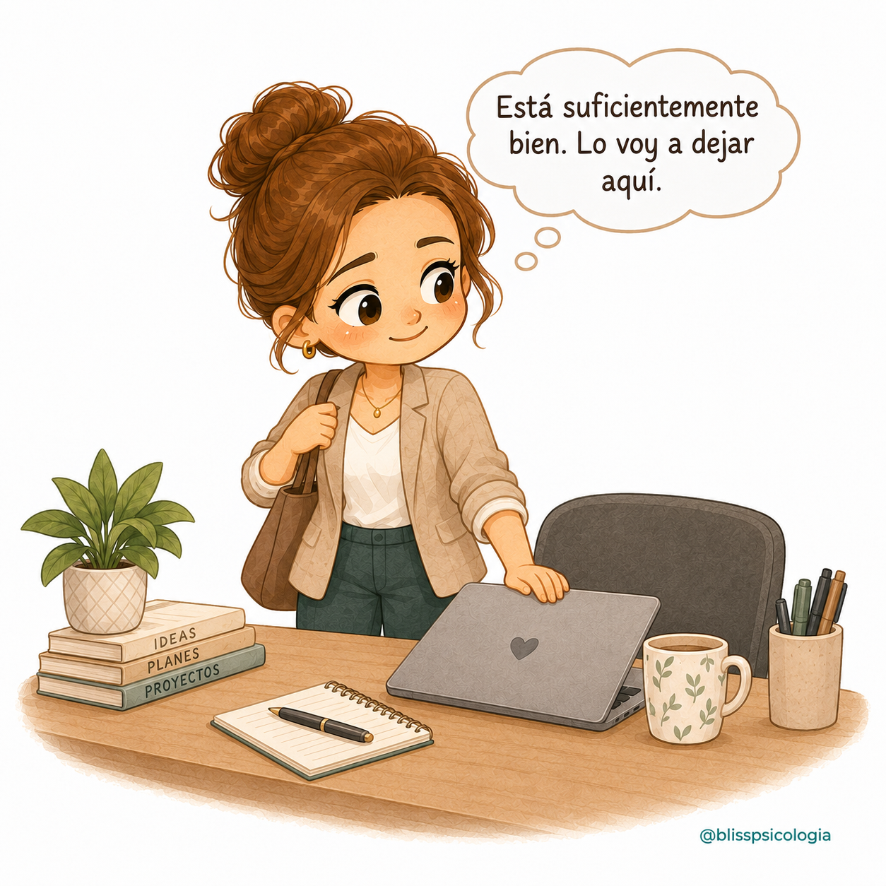 Mujer decide dejar una tarea terminada sin volver a revisarla, como forma de reducir la autoexigencia asociada al síndrome del impostor.