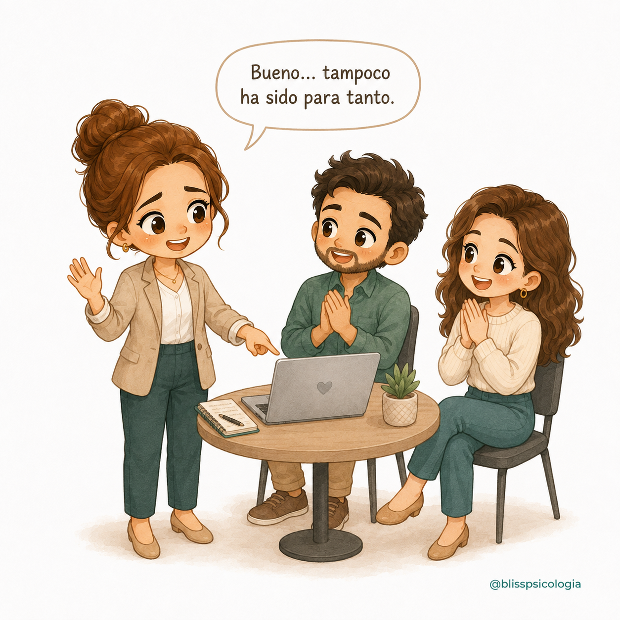 Mujer resta importancia a un logro mientras otras personas reconocen su trabajo, una reacción frecuente en el síndrome del impostor.