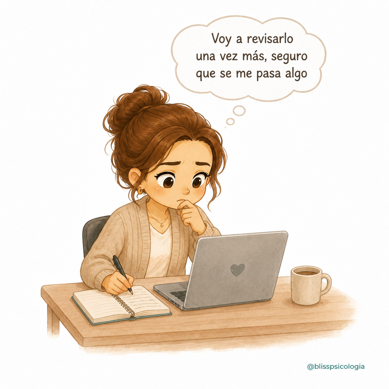 Mujer revisa de nuevo su trabajo por miedo a haber pasado algo por alto, una conducta frecuente en el síndrome del impostor.