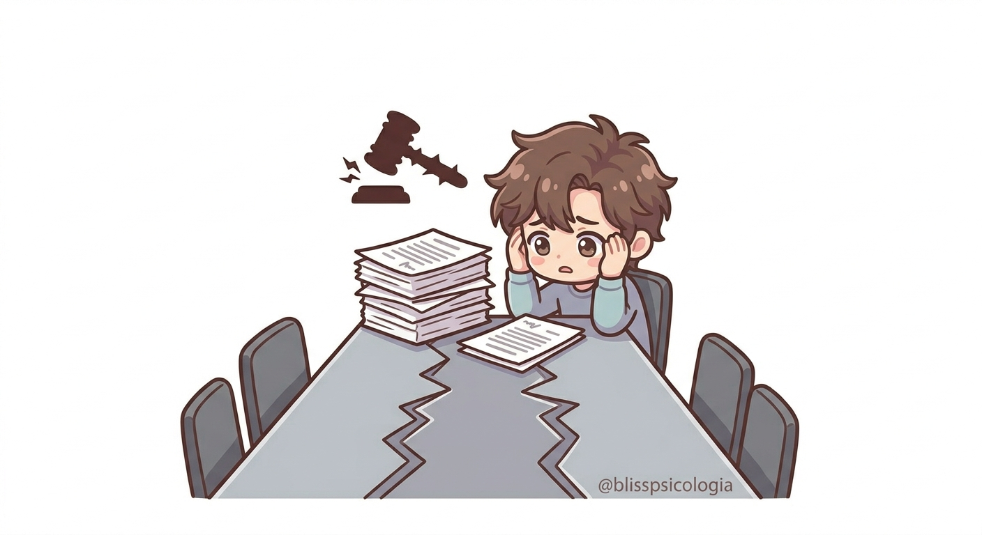 "Hombre Chibi abrumado por divorcio traumático inesperado Bliss Psicología"