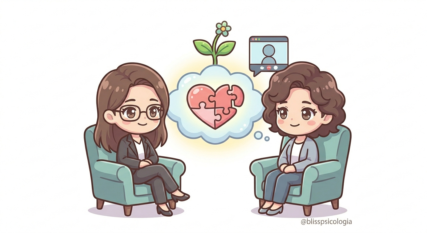 "Mujer Chibi en terapia recuperando autonomía trasvdivorcio taumático. Bliss Psicologia