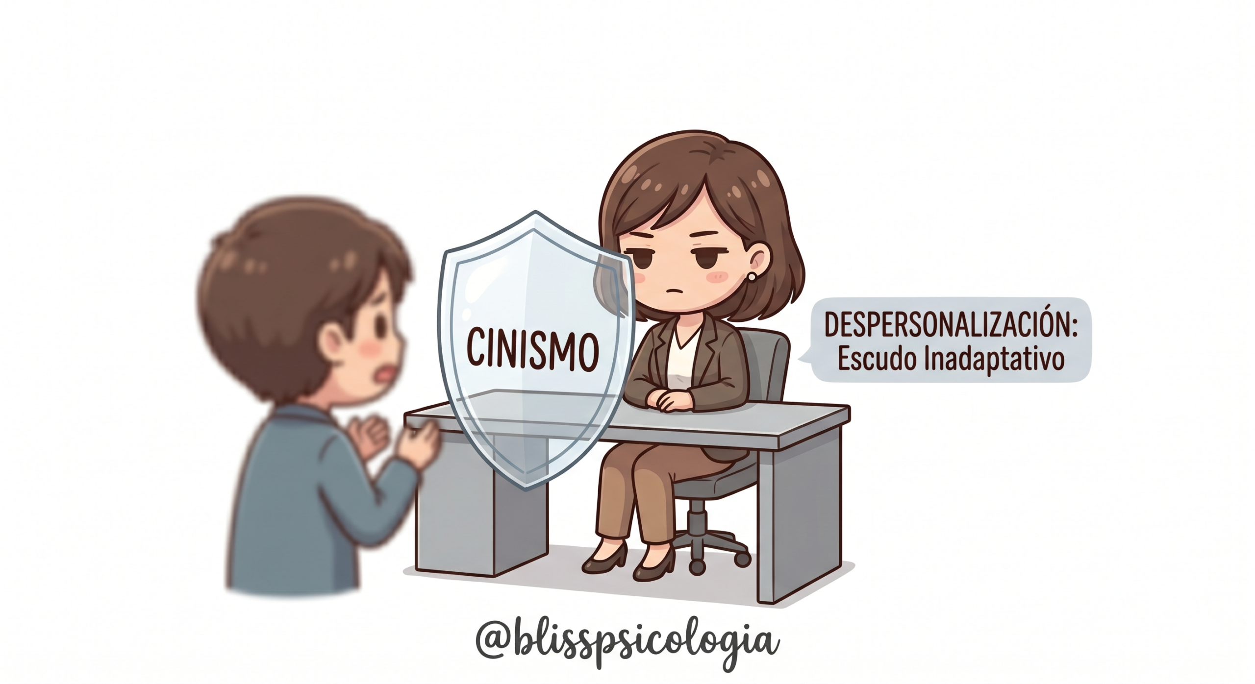 Chibi que representa la despersonalización y el cinismo como defensa inadaptada ante el burnout en Bliss Psicología.