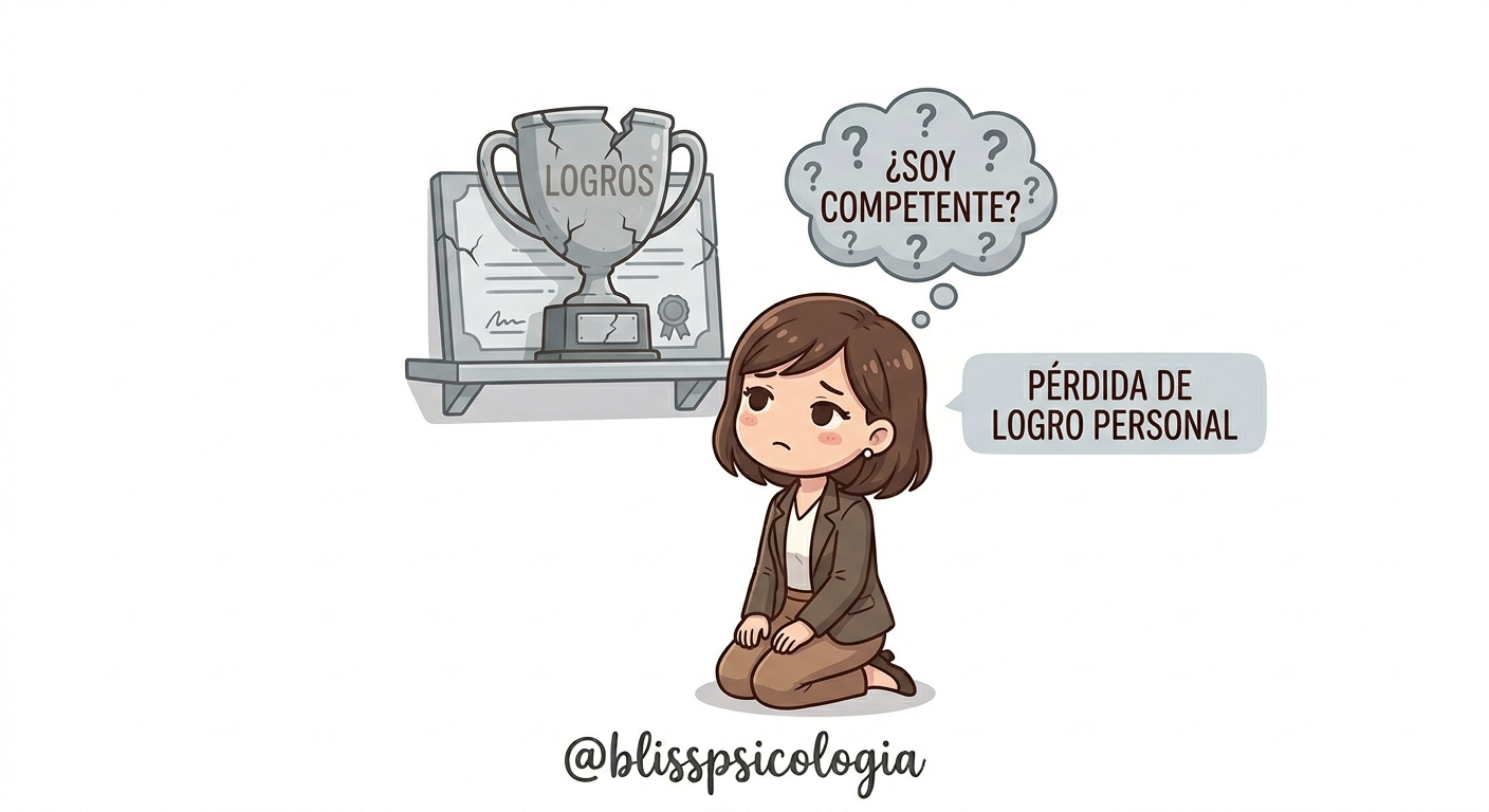 Ilustración sobre la pérdida de logro personal y la duda sobre la competencia profesional por agotamiento y síndrome de burnout. Bliss Psicología.