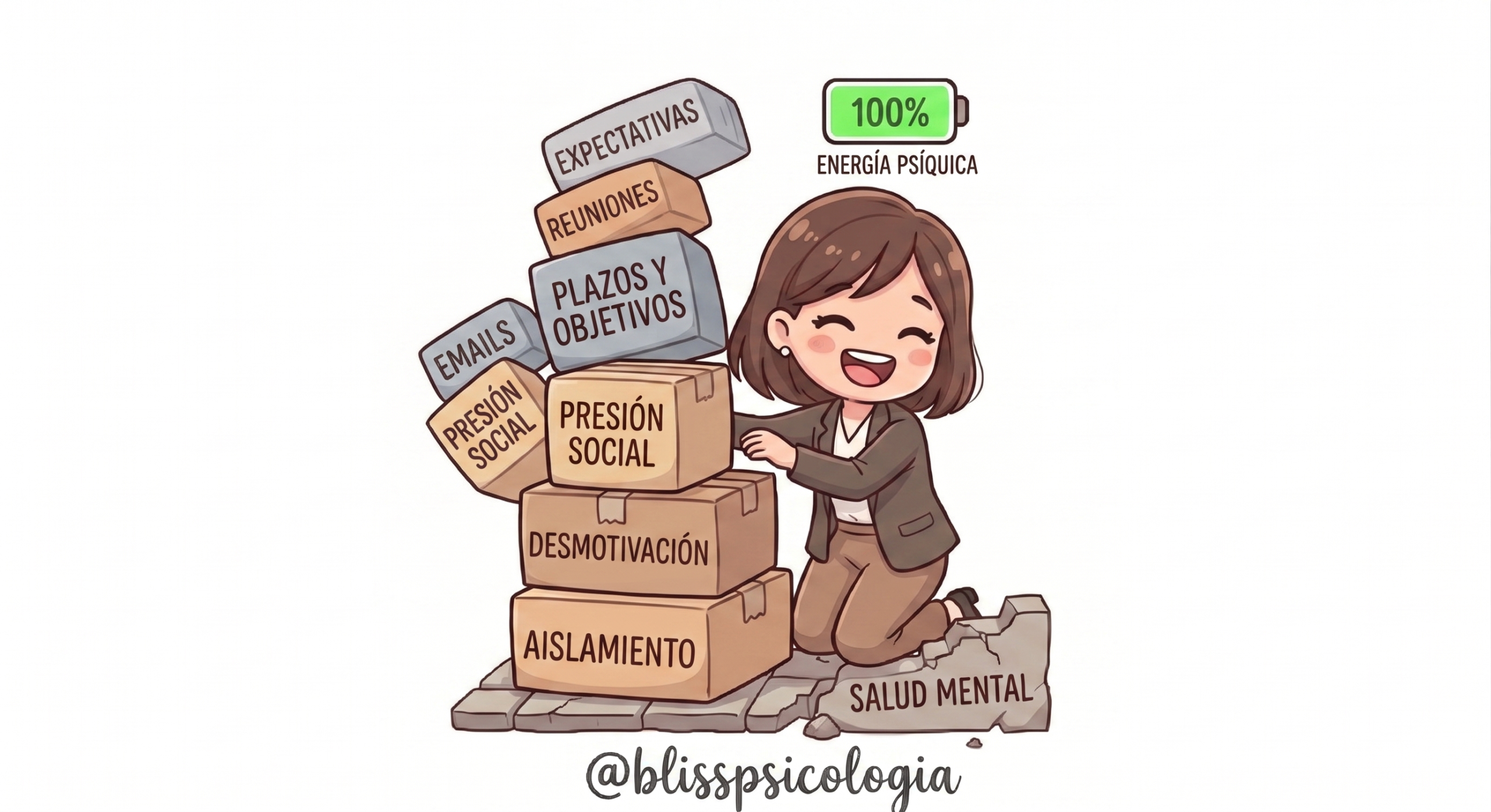 Mujer profesional en estilo Chibi recuperando su salud mental y energía psíquica tras superar el burnout en Bliss Psicología.