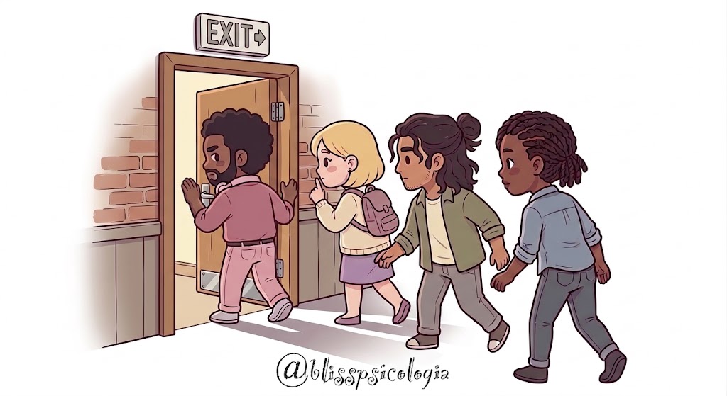 Ilustración que ejemplifica el mecanismo de evitación experiencial y ansiedad social en un grupo. 