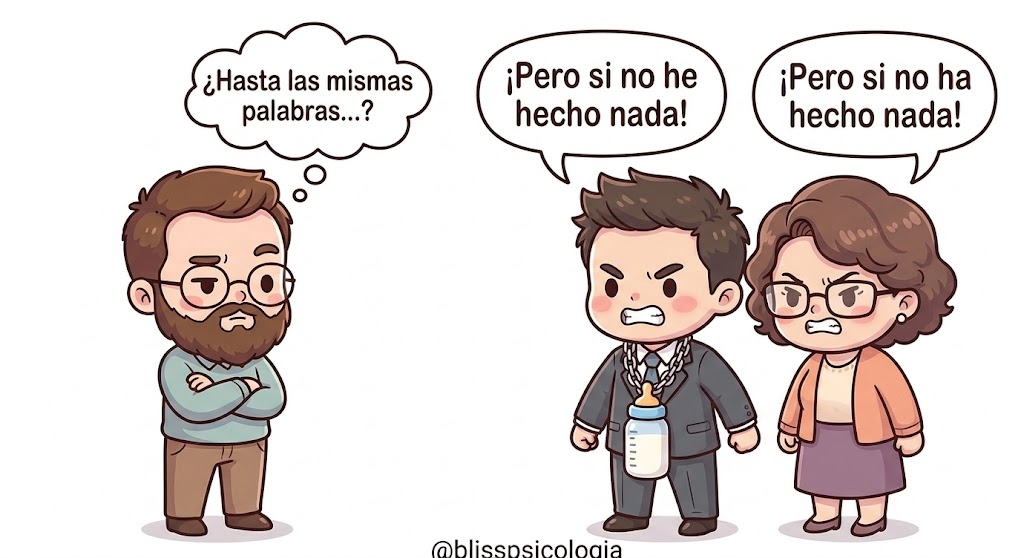 Ilustración chibi de una madre y su hijo adulto con traje y un biberón gigante al cuello, diciendo enfadados al unísono lo mismo. A la izquierda, el padre los mira de brazos cruzados con cara de circunstancias. Escena de red flags familiares donde se muestra el bando ensayado frente al progenitor escudo en la pareja.