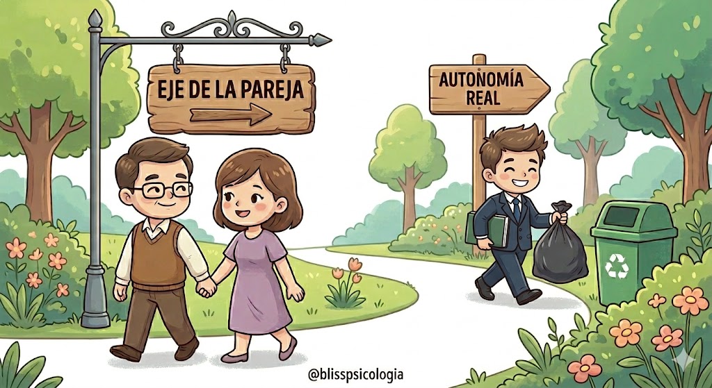 Ilustración chibi de unos padres caminando de la mano felices y en sintonía, mientras al fondo su hijo adulto asume de forma autónoma sus tareas y responsabilidades de convivencia.