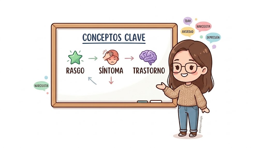 Ana Saro de Bliss Psicología explicando en una pizarra la diferencia entre rasgo síntoma y trastorno
