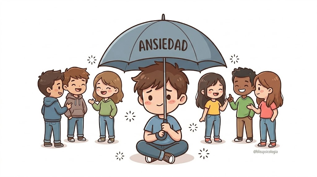 Joven chibi refugiándose bajo un paraguas con la etiqueta de ansiedad frente a su entorno social
