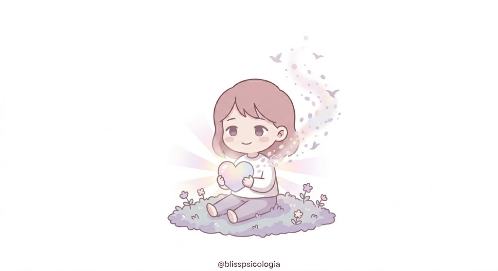 Ilustración estilo chibi de una persona sentada en un prado de flores sosteniendo un corazón brillante, representando la aceptación gradual y el duelo que se evita inicialmente pero que se logra integrar.