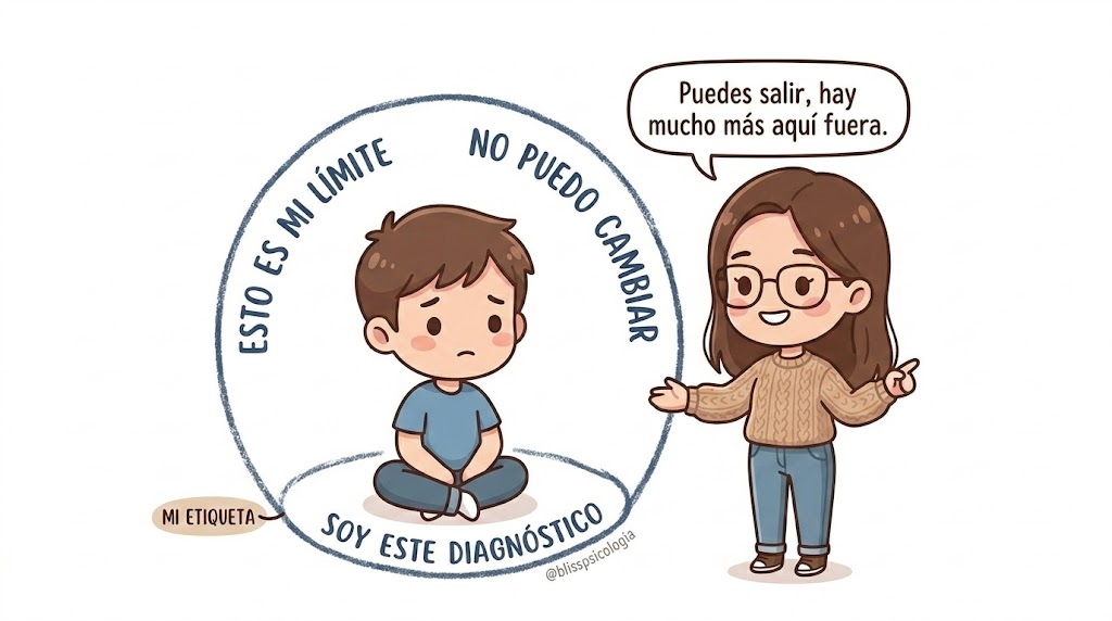 Adolescente dentro de un círculo de autodefinición diagnóstica con psicóloga Ana Saro ayudándole a salir