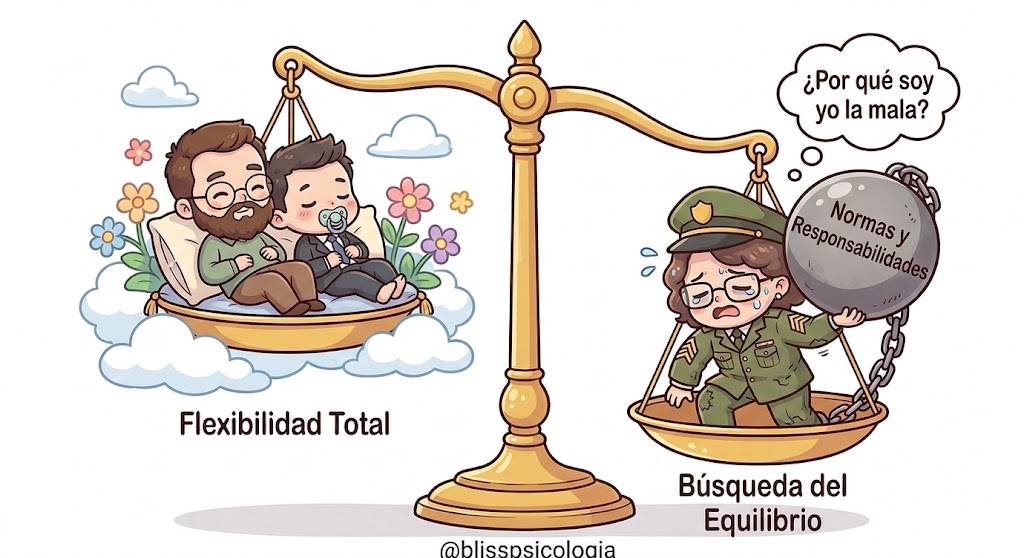 Dibujo chibi de una balanza clásica. El platillo izquierdo está elevado entre nubes con un padre y su hijo . relajados; el derecho está hundido con una madre vestida de sargento, agotada, cargando una pesada bola de "Normas y Responsabilidades". Gráfico de la balanza de compensación y la búsqueda del equilibrio con el progenitor escudo en la pareja.