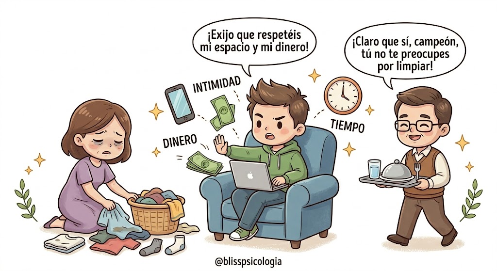 Ilustración chibi de un hijo adulto acomodado en un sillón exigiendo su intimidad y dinero con un gesto de stop, mientras su madre recoge la ropa sucia del suelo cansada y su padre escudo le sirve la cena de forma complaciente.