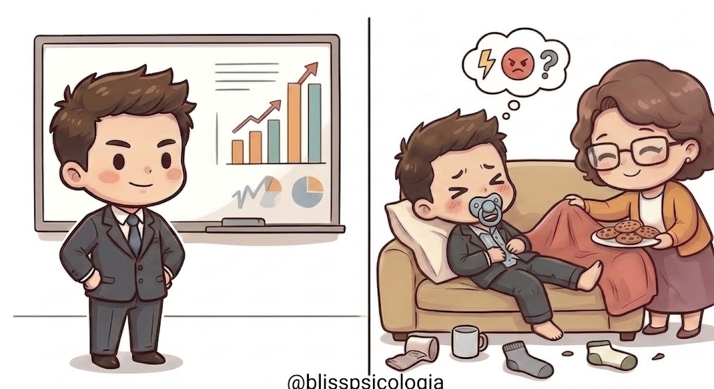Ilustración estilo chibi dividida en dos: a la izquierda, un hijo adulto funcional y trajeado en una reunión de oficina; a la derecha, el mismo joven desaliñado en el sofá con un chupete, mientras su madre lo arropa cariñosamente. Ilustración chibi sobre la madurez selectiva del hijo y el rol del progenitor escudo en la pareja.