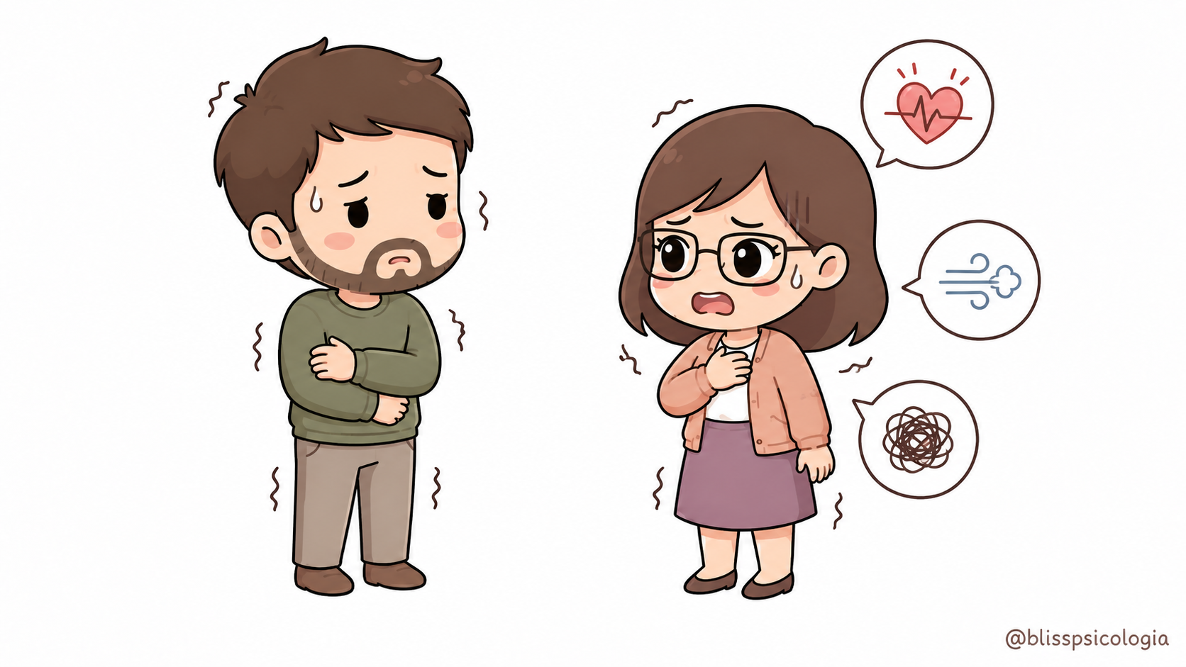 Ilustración de una pareja con señales de activación corporal durante una discusión: tensión, respiración agitada, malestar físico y dificultad para seguir escuchando.