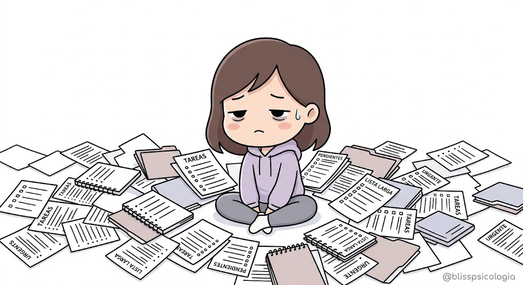Persona desbordada por tareas urgentes, representación del perfeccionismo y la ansiedad