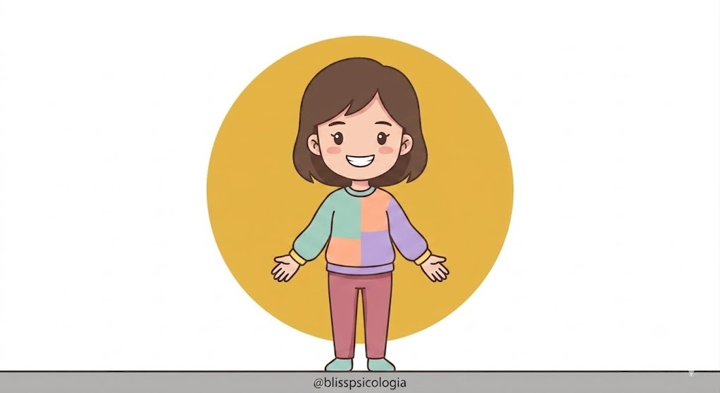 Mujer chibi sonriendo con los brazos abiertos y jersey de colores sobre un fondo circular ocre, simbolizando la autovalía, la aceptación y la psicología de la soltería. 
