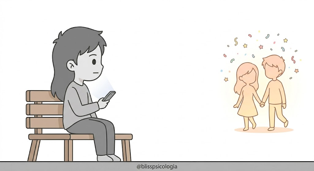 Ilustración chibi de una mujer sola en un banco observando a una pareja feliz al fondo, reflejando el balance de vida e inquietud por la soltería prolongada. 