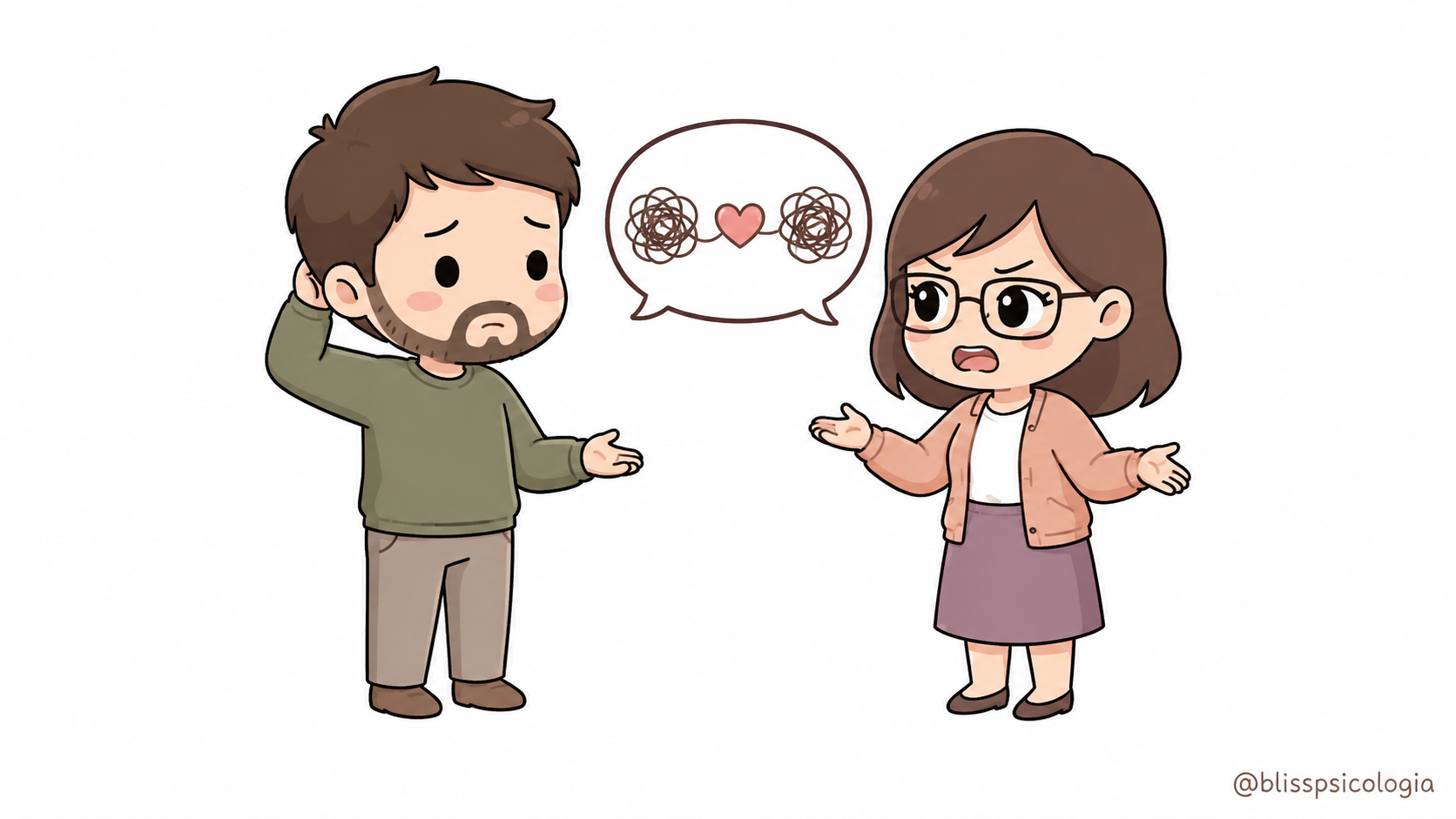 Ilustración de discusiones de pareja en una conversación tensa, con dos personas intentando explicar lo que sienten mientras la emoción empieza a desbordarse.