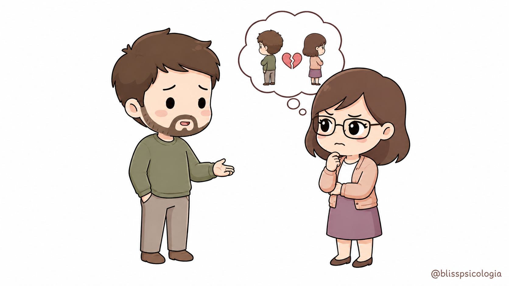 Ilustración de una pareja hablando, donde una persona hace un comentario y la otra interpreta la situación como distancia, rechazo o posible ruptura.