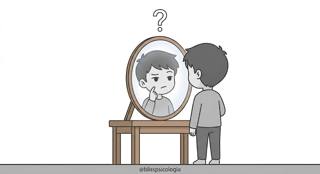 Personaje chibi masculino mirándose con duda en el espejo con un signo de interrogación, ilustrando la indefensión aprendida y problemas de autoestima en apps de citas. 