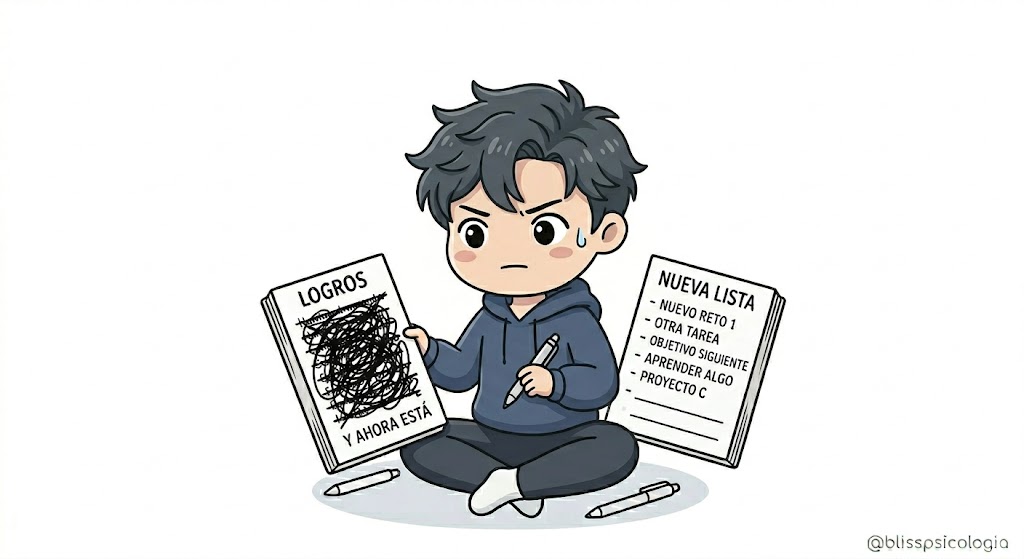 Figura chibi con lista de logros tachados y nueva lista pendiente, representación del perfeccionismo y la ansiedad.