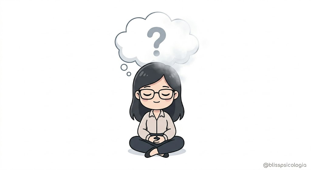 Figura chibi reflexionando sobre su autoexigencia, primer paso para reducir el perfeccionismo