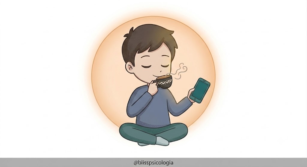Chico chibi sonriendo relajado con una taza de té y el móvil apartado dentro de un halo cálido, representando el refuerzo intermitente y la desconexión digital saludable. 