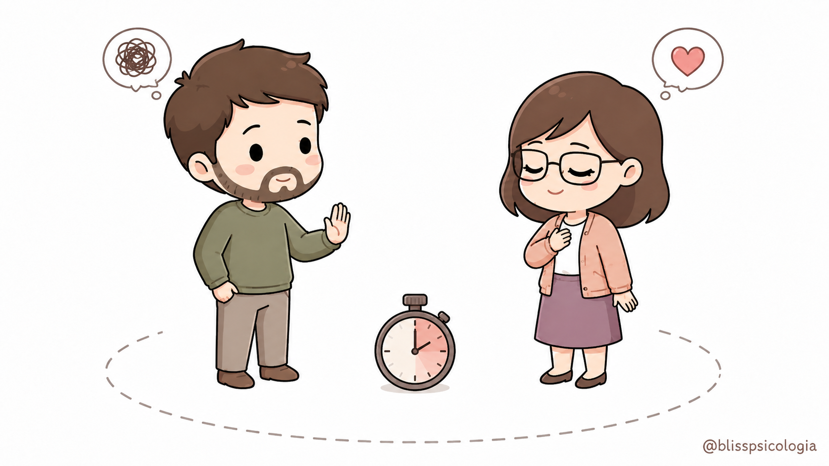 Ilustración de una pareja haciendo una pausa durante una discusión, con un reloj entre ambos para representar bajar la intensidad antes de volver a hablar.