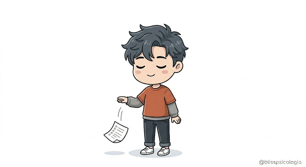 Figura chibi soltando un papel como metáfora de dejar ir la autoexigencia y el perfeccionismo.
