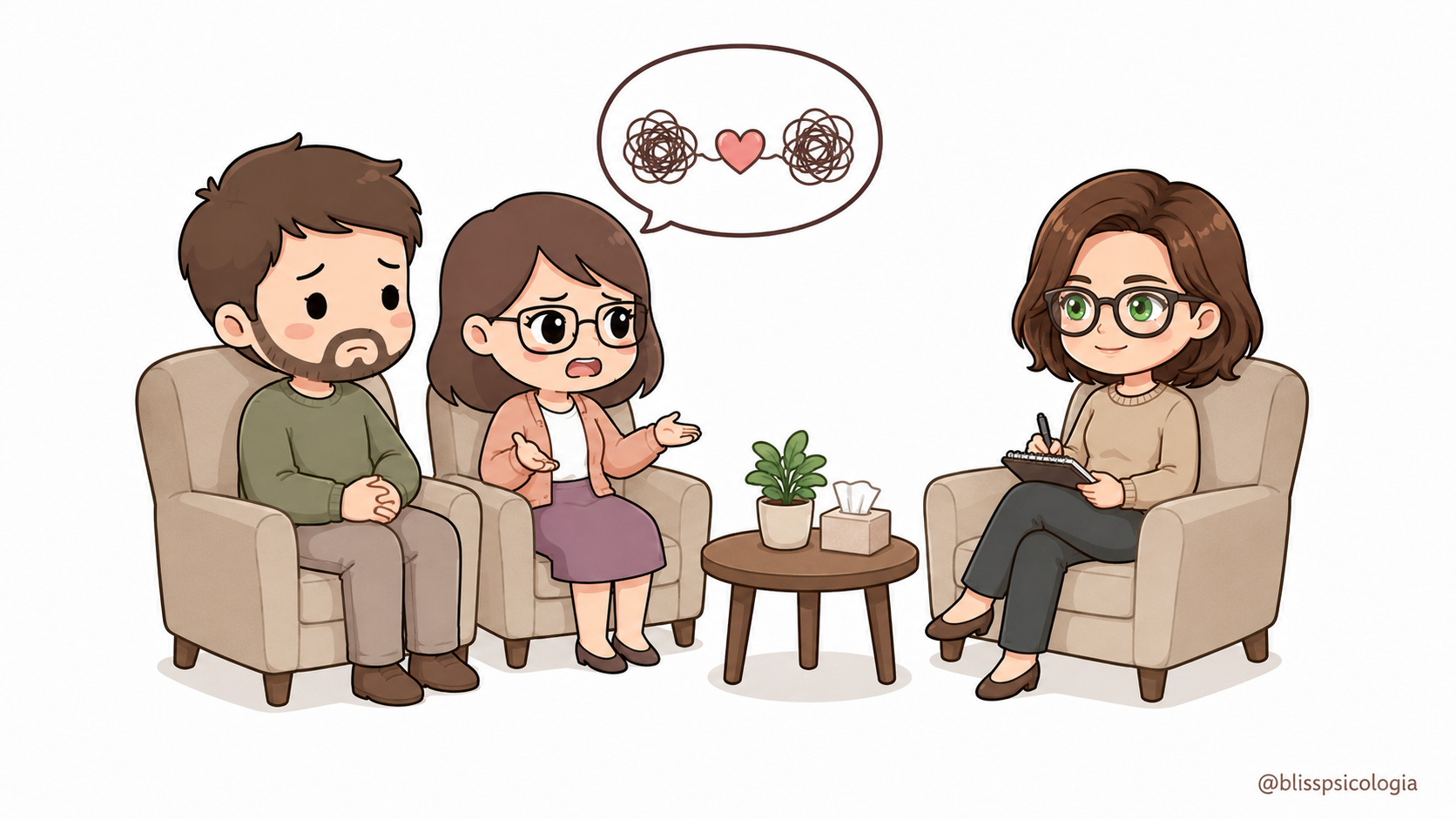 Ilustración de una sesión de terapia de pareja, con una pareja hablando de sus discusiones repetidas junto a una psicóloga.