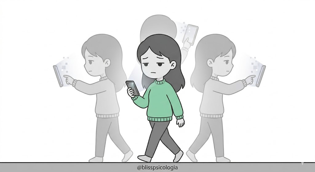 Dibujo chibi de una mujer en un bucle temporal deslizando pantallas de teléfono, mostrando el cansancio de volver a empezar en aplicaciones de citas. 