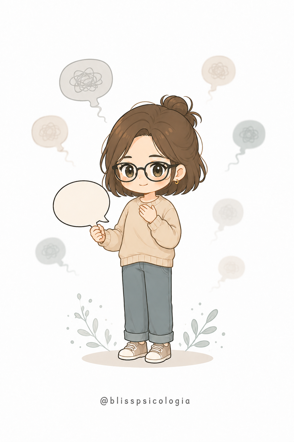 Ilustración chibi de una chica sosteniendo una burbuja de diálogo sencilla mientras otras burbujas confusas se desvanecen.