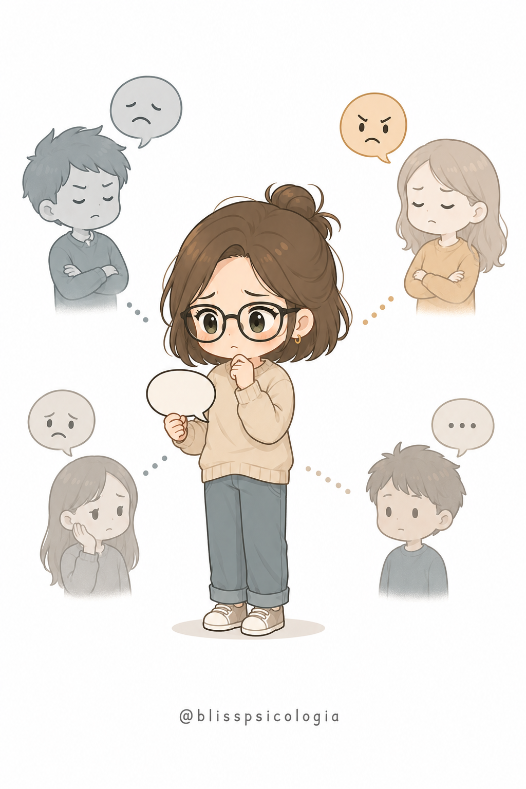 Ilustración chibi de una chica anticipando posibles reacciones de otras personas antes de decidir qué decir.