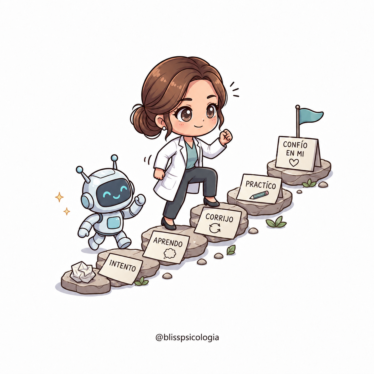 Ilustración de una psicóloga subiendo escalones con los mensajes intento, aprendo, corrijo, practico y confío en mí, acompañada por un robot.
