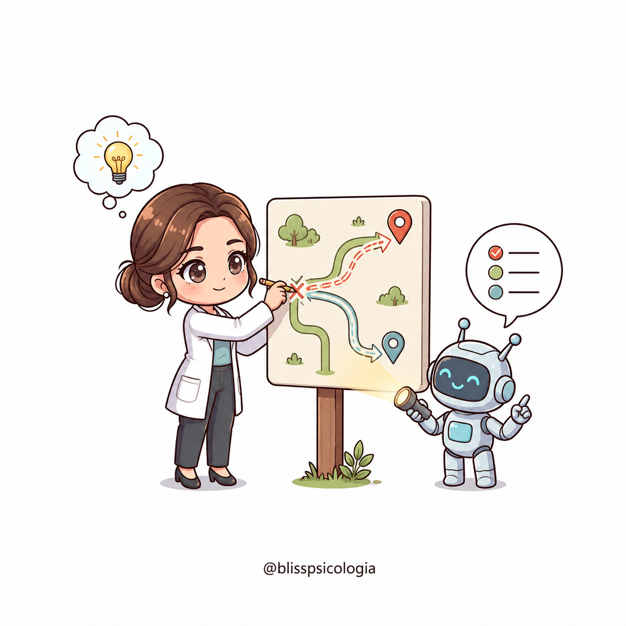 Ilustración de una psicóloga señalando un mapa mientras un robot la ayuda a revisar distintas opciones.