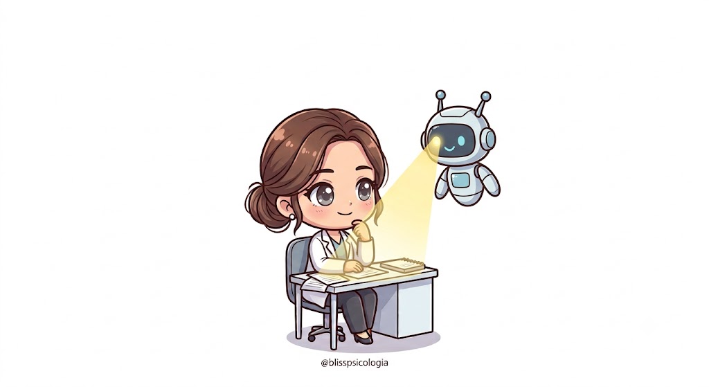 Ilustración de una psicóloga trabajando mientras un robot ilumina suavemente la zona de trabajo.