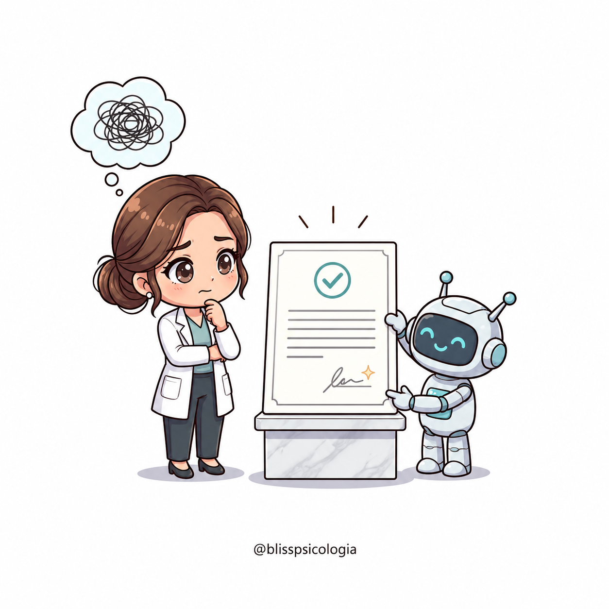 Ilustración de una psicóloga dudando ante un documento terminado que sostiene un robot y dudando de su autoría en el documento.