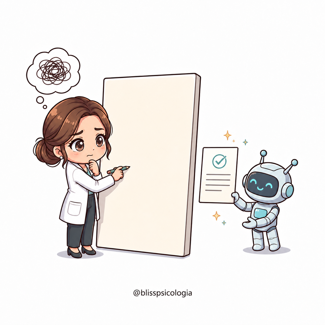 Ilustración de una psicóloga delante de una hoja en blanco mientras un robot le muestra una lista terminada.
