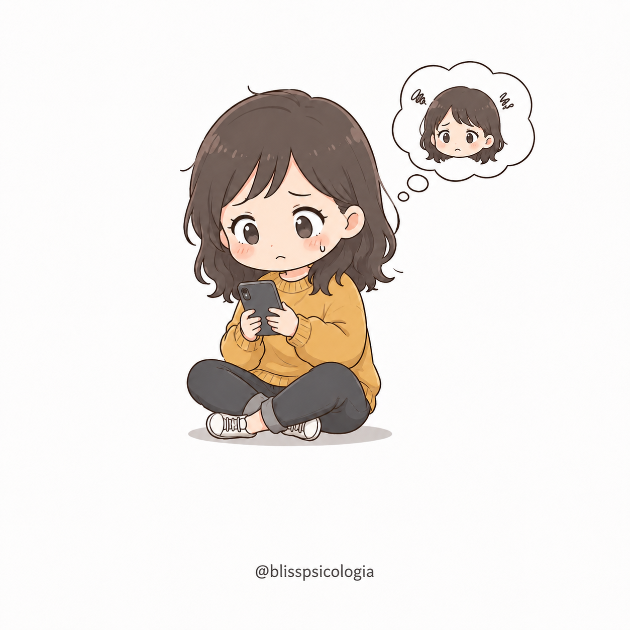 Ilustración chibi de una chica mirando el móvil con preocupación por lo que otra persona pueda pensar.
