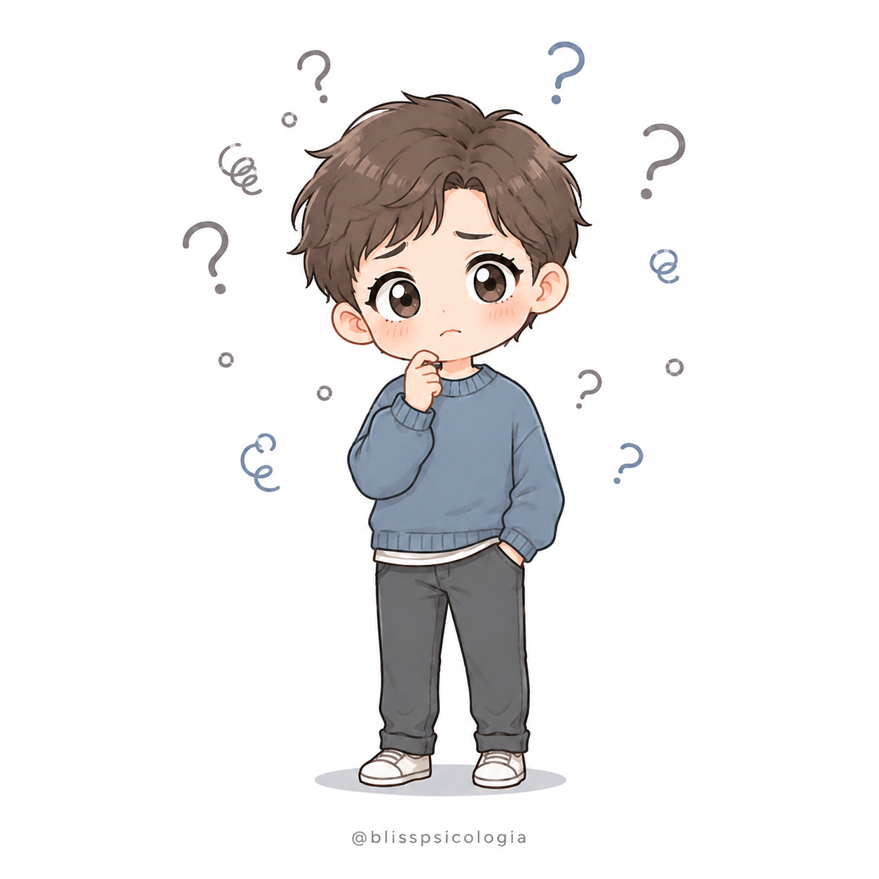 Ilustración chibi de un chico pensativo rodeado de signos de interrogación por la duda de qué estará pensando otra persona.