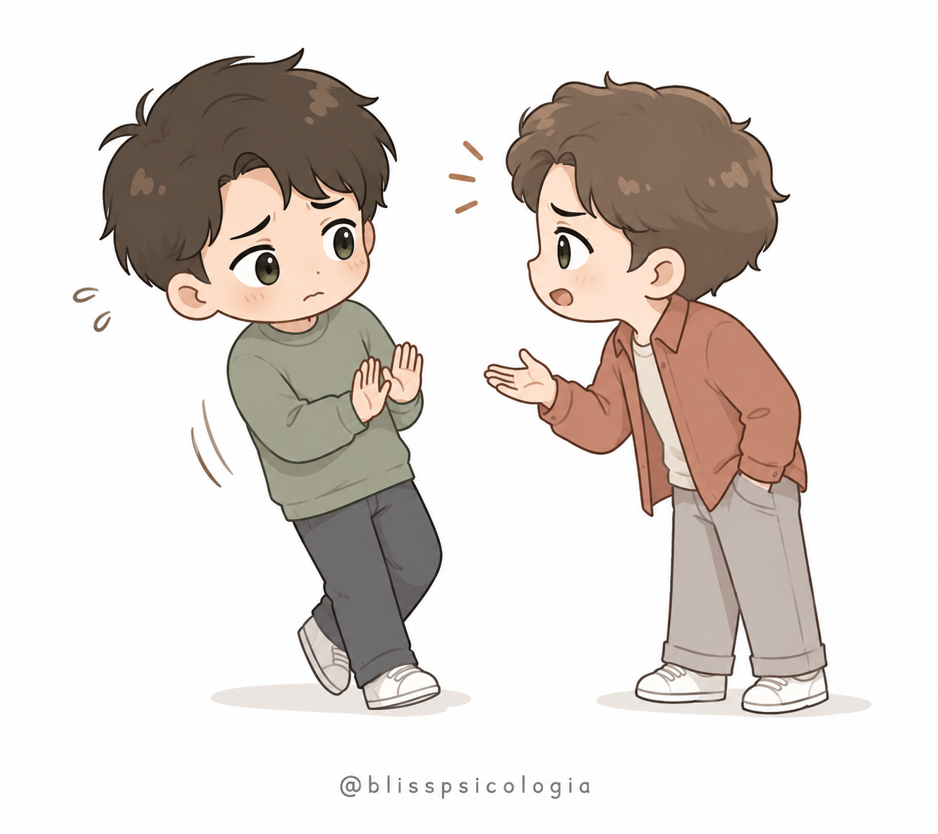 Ilustración chibi de dos personas, una insistiendo y otra retrocediendo con incomodidad.
