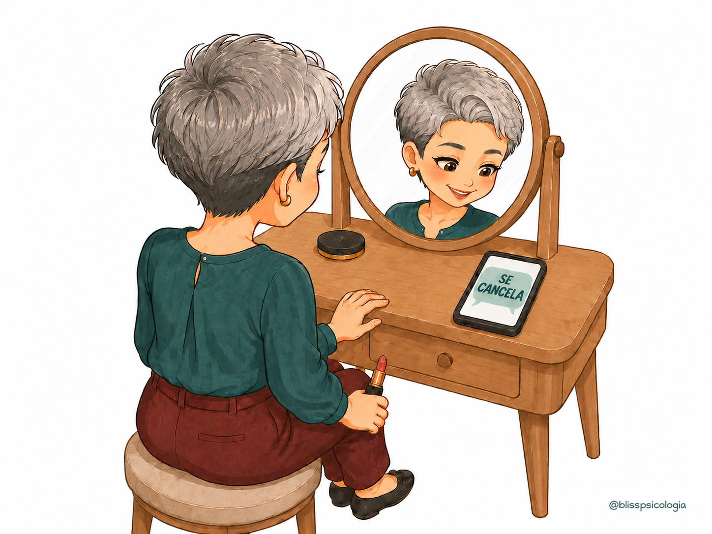 Mujer sonríe al ver en su móvil que se ha cancelado un plan mientras se estaba arreglando para salir.